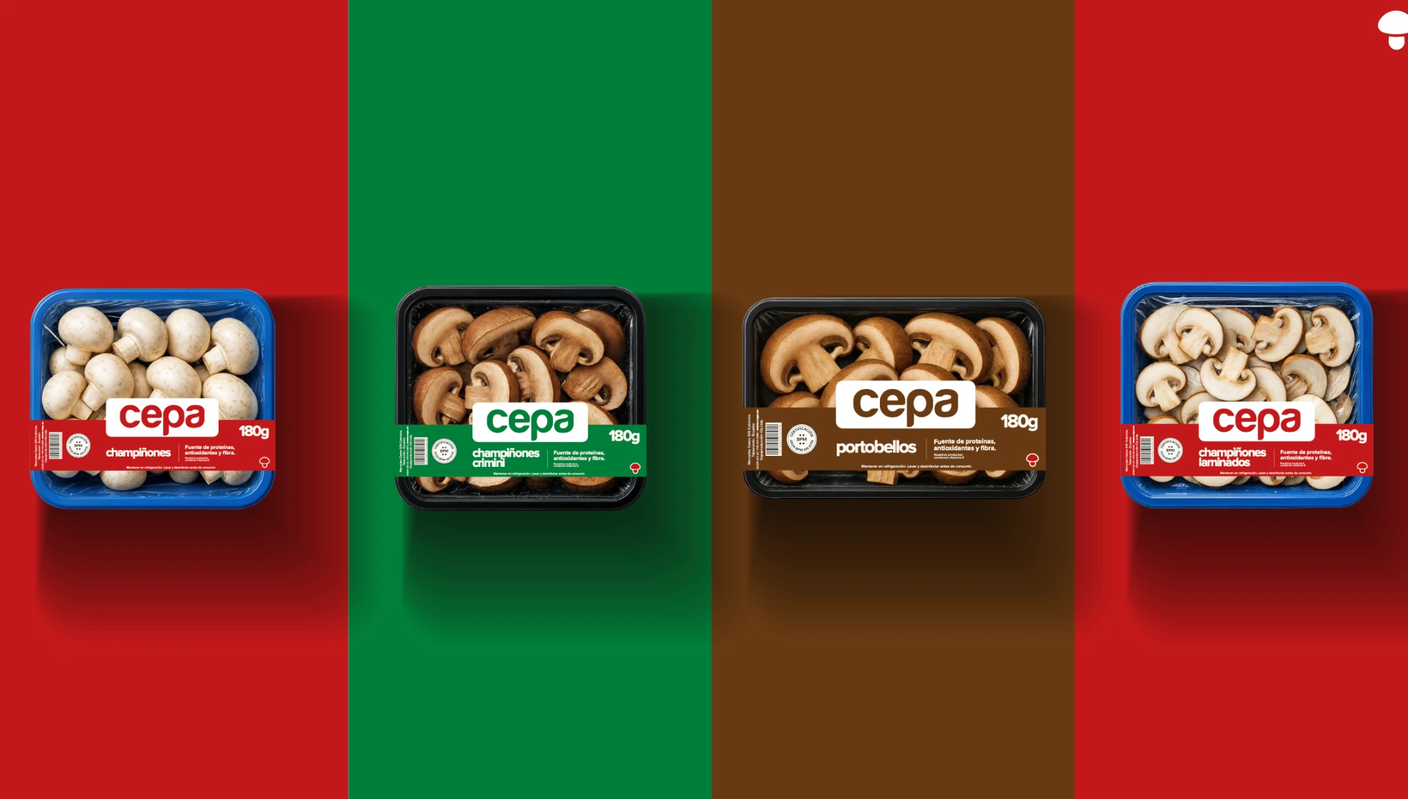 Familia real de packaging CEPA con identidad renovada: enteros, crimini, portobellos y laminados
