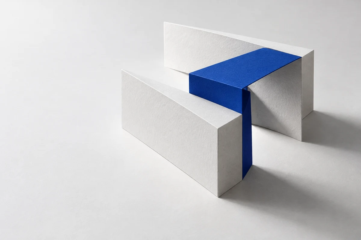 Composición conceptual de papel: piezas blancas unidas por un plano azul, una estructura que toma forma