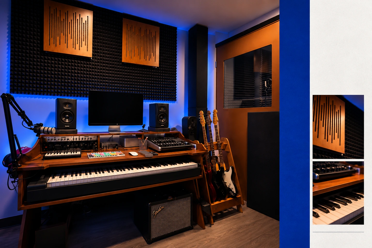 Composición artística a partir de la sala real de Sonedra Studio, con luz azul y detalles de producción