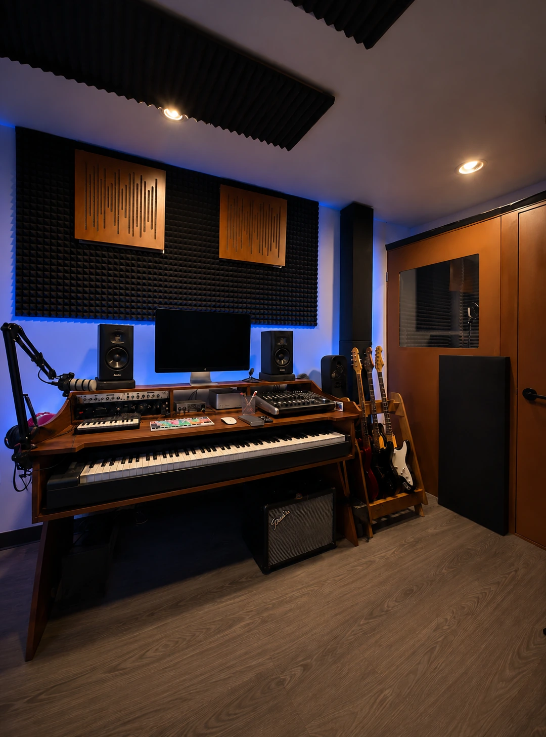 Sala de control real de Sonedra Studio a color, con iluminación azul indirecta